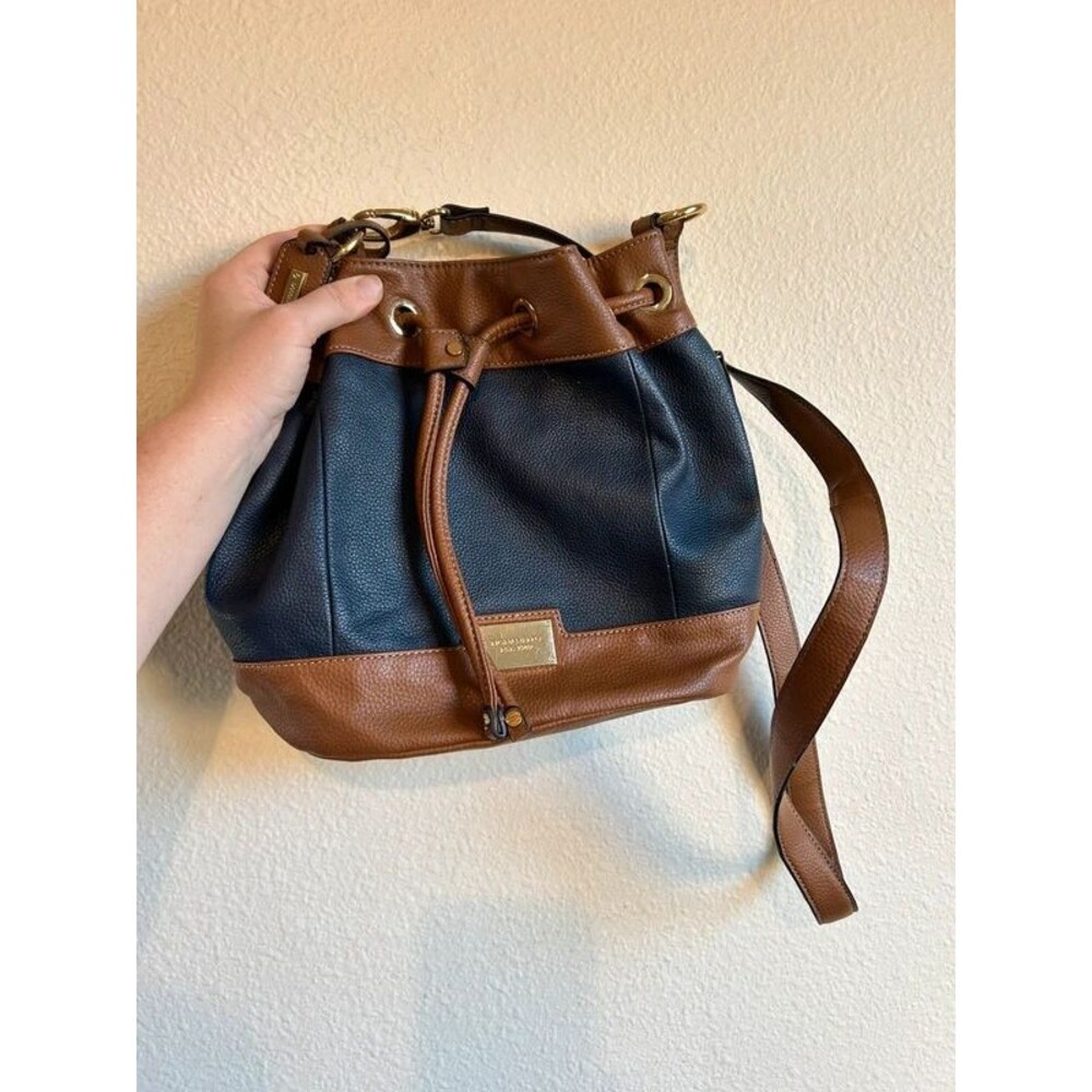 Tignanello Navy Blue & Brown Pebbled Leather Drawstring Bucket Crossbody Bag